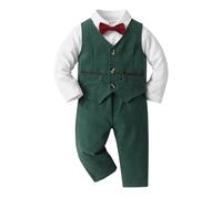 3PCS Baby Boys Christening Suit Toddler Boys Long Sleeve Formal Dress Shirt Bowtie+Vest +Trousers Toddler Dress Suit Infant Gentleman Wedding Outfit Christening Clothes Set (Green, 3-6 Months)