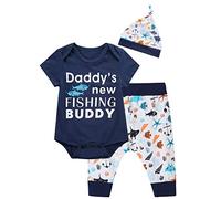 3PCS Baby Boys' Daddy's New Fishing Buddy Outfit Set Short Sleeve Bodysuit - - 0-3 Months