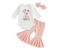 3Pcs Baby Girl Clothes Short Sleeve Letter Romper + Floral Cow Print Flare Pants + Headband Wester Cowgirl Outfit Set (Light Pink, 3-6 Months)