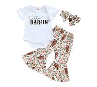 3Pcs Baby Girl Clothes Short Sleeve Letter Romper + Floral Cow Print Flare Pants + Headband Wester Cowgirl Outfit Set (White, 12-18 Months)