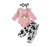3Pcs Baby Girl Clothes Short Sleeve Letter Romper + Floral Cow Print Flare Pants + Headband Wester Cowgirl Outfit Set (Pink Letter Print, 3-6 Months)