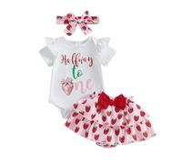 3Pcs Baby Girl Half Birthday Outfit Letters Print Ruffled Short Sleeve Romper Bodysuit and Strawberry Printed Layered Shorts Tiered A-Line Skirt Princess Dress with Headband (White, 3-6 Months)