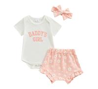3Pcs Baby Girls Summer Outfit Short Sleeve Daddys Girl Letter Print Ribbed Romper Daisy Shorts + Headband Set Infant Fatherr's Day Clothes (Pink, 12-18 Months)
