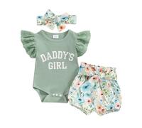 3Pcs Baby Girls Summer Outfit Short Sleeve Daddys Girl Letter Print Ribbed Romper Daisy Shorts + Headband Set Infant Fatherr's Day Clothes (Light Green, 0-3 Months)