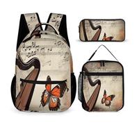 3PCS Backpacks Set Large Capacity Multifunction Music Background With Harp And Butterfly Laptop Backpack with Lunch Bag Pencil Case Trendy Backpack And Pen Bag 3 in 1 Set Travel Daypack Gifts, Style,