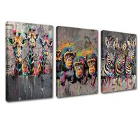 3Pcs Banksy Animals Canvas Pictures for Living Room - Graffiti Street Art Paintings, Funny Animal Wall Art, Modern Artwork Home Decor Office - Wooden Framed Ready to Hang 60''Wx28''H