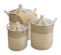 3pcs Basket Laundry Hamper with Lid and Handle L/M/S - Handmade from Natural Seagrass Basket, Large Braided Storage Basket, Boho Laundry Basket with Handles, Laundry Container for Dirty Laundry