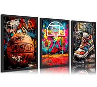 3pcs Basketball Graffiti Canvas Wall Art Basketball Court Sneakers Posters Prints Paintings Retro Abstract Graffiti Teen Wall Decor Pictures for Teen Boys Living Room Bedroom Decoration Unframed