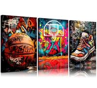 3pcs Basketball Graffiti Canvas Wall Art Retro Abstract Graffiti Teen Wall Decor Pictures Basketball Court Sneakers Posters Prints Paintings for Teen Boys Living Room Bedroom Decoration Ready To Hang