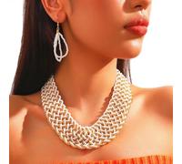 3pcs Bead Boho Jewellery Set For Women, Stylish Wide Chain Necklace & Earrings Kit, Necklace Earring Cooling Beach Jewellery Gifts For Girl Kid Lady, Hypoallergenic, Sturdy, Non-Fading (White)