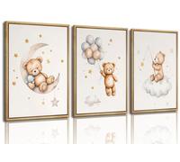 3Pcs Bear Nursery Wall Art Bear Sleeping on The Moon and Stars Wall Decor Pictures Balloon Cloud Neutral Canvas Poster Prints for Kids Room Kindergarten Home Decoration Unframed 16x24inch