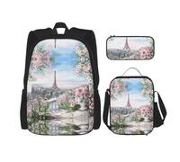 3pcs Beautiful Eiffel Tower Paris Print School Backpack Set,Large Capacity Water Resistant Laptop Backpack With Insulated Lunch Bag & Pencil Case For Middle School Teens Back To School Supplies