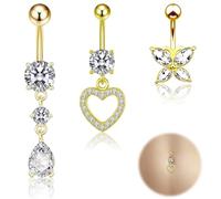 3pcs Belly Button Bars, Silver Gold, Flower Butterfly Heart, Navel Piercing Jewelry, Belly Button Rings, 14G Navel Bars Belly Button Rings for Women Girls