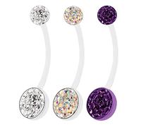 3Pcs Bioflex 14g 3/4 19mm Belly Button Rings Piercing Jewelry 8mm 5mm Clear Aurora Borealis Ferido Epoxy Ball More Choices, Acrylic, no gemstone