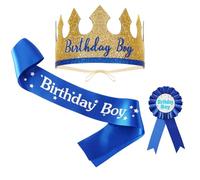 3Pcs Birthday Boy Sash, Crown Headband and Badge, Happy Birthday Decorations for Boys Birthday Party (Gold)