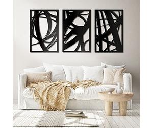 3Pcs Black Abstract Metal Wall Art, Minimalist Decor Modern Single Line Art Wall Decor, 3D Textured Hollow Out Design Wall Sculptures, Metal Artwork for Wall Art for Living Room Kitchen(18" x 12")