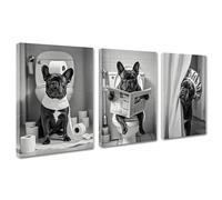 3Pcs Black and White Bathroom Wall Art French Bulldog Reading Newspaper Dog on Toilet Canvas Wall Decor Bathroom Pictures Prints Posters Artwork Toilet Restroom Wall Decorations 12x16 Inch Framed