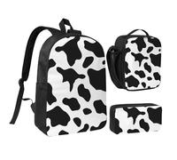 3PCS Black and White Cow Print Backpack Set with Insulated Lunch Box Pencil Pouch, 17inch Lightweight Laptop Bags Shoulder Lunch Bag and Pencil Case Bag 3-in-1 Set