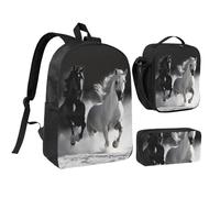 3PCS Black and White Horses Running Backpack Set with Insulated Lunch Box Pencil Pouch, 17inch Lightweight Laptop Bags Shoulder Lunch Bag and Pencil Case Bag 3-in-1 Set