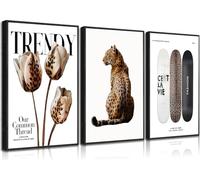 3Pcs Black Framed Trendy Leopard Print Canvas Wall Art Picture Stylish Female Aesthetic Poster Cheetah Printed Preppy Fashion Skateboard Wall Decor for Bedroom Apartment Dorm Living Room 12x16in