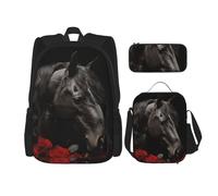 3PCS Black horse on a background of red roses Backpack Sets with Insulated Lunch Bag Pencil Case, 17inch Lightweight Laptop Backpack Shoulder Lunch Box and Pencil Bag for Women Men Travel Bags