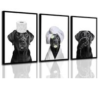 3Pcs Black Labrador Dog Bathroom Canvas Wall Art Cute Animal Black and White Picture Painting Wall Decor Toilet Paper Poster for Restroom Washroom Toilet Home Decor Unframed 12x18inch