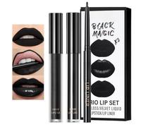3Pcs Black Matte Liquid Lipstick, Lip Liner & Lip Gloss Trio Set - Long-Lasting Waterproof Lip Stain, Moisturizing Non-Sticky Velvet Finish for Halloween Go/th Makeup, High-Pigment Lip Colors