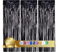 3Pcs Black Metallic Tinsel Foil Fringe Curtains, 3.28ft x 6.56ft Black Photo Booth Backdrop Streamer Curtain,Photo Booth Props,Ideal Bachelorette Party Supplies,Birthday,Christmas,New Year Decorations