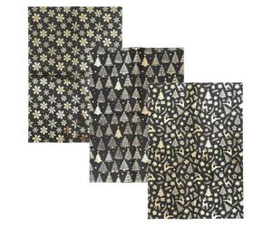 3pcs Black Santa Wrapping Paper Sheet Gold Foil Gift Wrap | Vintage Metallic Paper, Easy Cut Rectangle Sheets, for Boxes, Bags, Crafting and Casual Celebrations