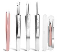 3PCS Blackhead Remover Tweezers and 1PC Ingrown Hair Tweezers, Precision Blackhead Pimple Extractor for Pimple Whitehead Ance, Curved Tip Lash Tweezers for Eyelash Extension