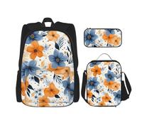 3PCS Blue and orange flowers on white background Backpack Sets with Insulated Lunch Bag Pencil Case, 17inch Lightweight Laptop Backpack Shoulder Lunch Box and Pencil Bag for Women Men Travel Bags