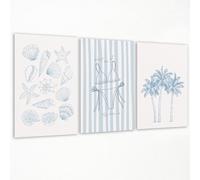 3pcs Blue Coastal Beach Canvas Wall Art, Trendy Meet Me At The Beach Aesthetic Poster, Various Seashell Print Painting, Tropical Palms Tree Endless Summer Beachy Wall Decor 8x12in Unframed