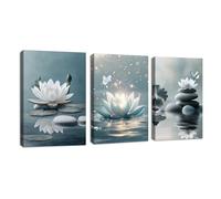 3Pcs Blue Grey Zen Canvas Wall Art, White Lotus Flowers Butterfly Meditation Spiritual Wall Paintings White Lotus Blooming on Stones in Lake Wall Pictures Room Decor for Yoga Spa Room Decor 40x60cmx3