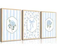 3Pcs Blue Hydrangea Wall Art Trendy Light Blue Striped Watercolor Bow Coquette Pictures Wall Decor Coastal Flower Botanical Aesthetic Posters Prints for Girls Bedroom Dorm Apartment Unframed 12x16in