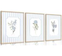 3Pcs Blue Hydrangea Wall Art Watercolor Floral Posters Blue Striped Wall Decor Modern Home Aesthetic Pictures for Living Room Bedroom Farmhouse Unframed 08x12inch