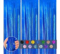 3pcs Blue Metallic Tinsel Foil Door Curtains, 1*2m Laser Fringe Curtain Wall Tinsel for Birthday Disco Hen Do Xmas Parties