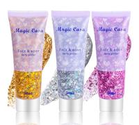 3Pcs Body Glitter Gel Kit, 50ml Face Glitter Gel, Mermaid Sequins Shimmer Liquid Eyeshadow, Chunky Glitter for Face Body Eye Hair Nail DIY Art, Festival Party Rave Makeup (Gold+Silver+Pink)