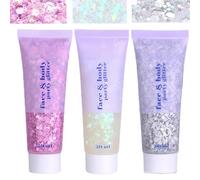 3Pcs Body Glitter Gel Set,50ml Face and Body Gel Sequins Shimmer Liquid Eyeshadow, Mermaid Sequins Liquid Holographic Chunky Glitter Rave Accessories for Eye Hair Nail DIY Art Silver/White/Pink