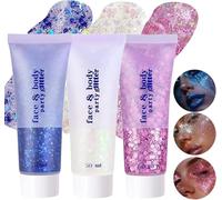 3Pcs Body Glitter Gel Set, Face and Body Gel Sequins Shimmer Liquid Eyeshadow, Mermaid Sequins Liquid Holographic Chunky Glitter, New Year, Valentine's Day Festival Rave Accessories(Blue/White/Pink)