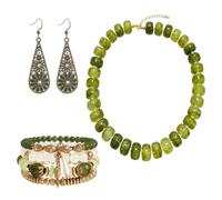 3Pcs Boho Jewelry Set for Women Beaded Necklace Enamel Earrings Bracelet | Vibrant green tones with layered strands; coordinated chic matching trio for festival styling & vacations