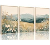 3Pcs Boho Mountains Flower Canvas Wall Art Daisy Wildflower Landscape Pictures Abstract Watercolor Floral Painting Prints Green Natural Scenery for Living Room Bedroom Unframed 16x24inch
