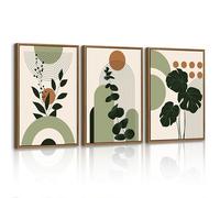 3Pcs Boho Sage Green Framed Wall Art, Aesthetic Plant Leaf Canvas Wall Art Modern Orange Geometric Lines Art Prints Poster Picture Painting Home Decor for Bedroom Living Room Office Hallway 40x60cmx3