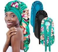 3Pcs Bonnets for Black Women Braid Sleeping - Large Satin Silk Bonnet (Black, Blue, Flower)