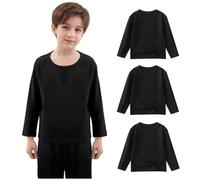 3Pcs Boys & Girls Long Sleeve Crewneck T-Shirts, Soft Stretchy Cotton Basic Tops Multicoloured Kids Multipack for School, Yoga & Daily Wear Black 2 Years