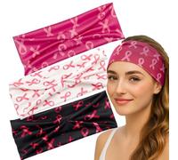 3Pcs Breast Cancer Awareness Headband for Women, Pink Ribbon Headbands Pink, White and Black Elastic Wide Hair Bands, Fashion Hair Wrap Hair Accessories for Ladies and Girls Workout Running Sport Yoga