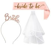 3Pcs Bride to Be Sash and Veil with Tiara, Bride Headband for Bridal Shower, Rose Gold Wedding Hen Do Decorations for Bachelorette Decor Party Games
