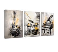 3Pcs Canvas Wall Art for Music Lover Gift Black and Gold Guitar, Piano, and Drum Set Prints for Studio Home Decor Unframed 20x30inch