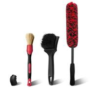 3Pcs Car Wool Fiber Wheel Brush Set - Square and Detailing Brushes, Car Wash Kit Tyre Rim Brush Tool for Vehicles, Motorcycles, Bicycles - Red