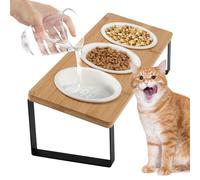 3PCS Cat Bowl, Ceramic Cat Food Bowls With 15°Tilted Wood Stand, Ergonomic Elevated Cat Bowls for Food and Water, Anti Vomiting, Structural stability, Easy to Clean, for Cats and Puppy