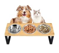 3pcs Cat Bowl with 15° Tilted Stand, Raised Cat Feeding Bowls Stainless Steels for Food and Water, Bamboo Elevated Feeder Bowls for Cats and Puppy, Anti Slip Tilted Feeding Station
